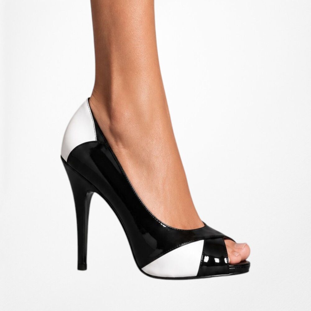 Nine West Black White Patent Faux Leather Peep Toe Stiletto Heels Pump Size 6